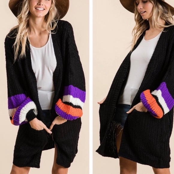 SOLD LAST - Black & Stripes Balloon Sleeve Oversized Cardigan - Picture 4 of 8